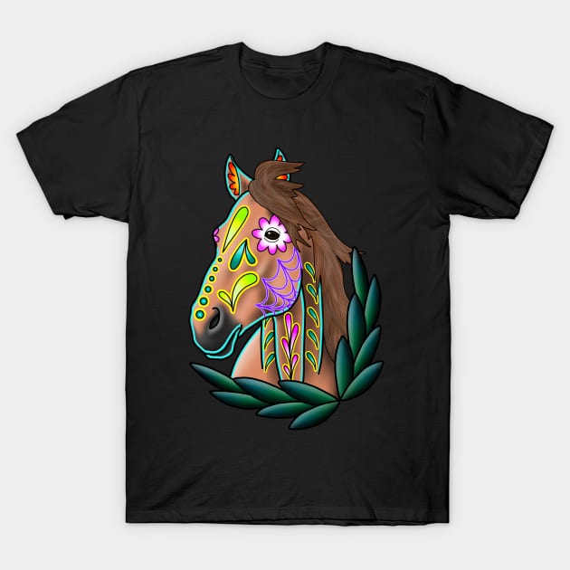 Day of the Dead Light Brown Sugar Skull Horse T-Shirt by prettyinink